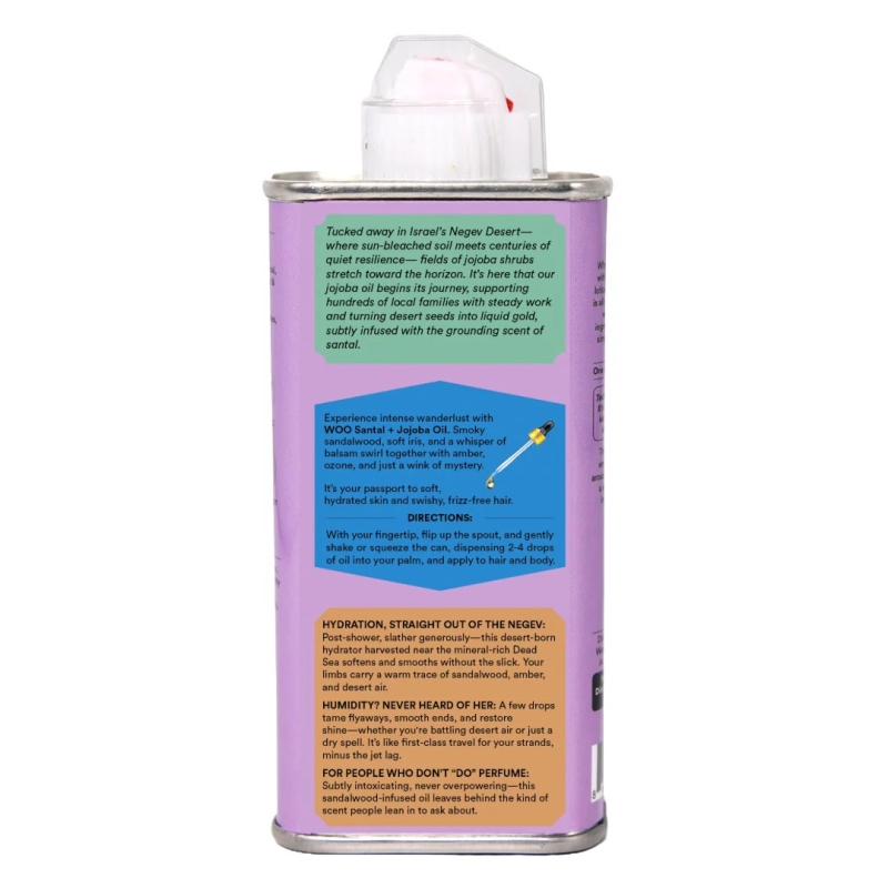 Jojoba oil can with purple label and directions.