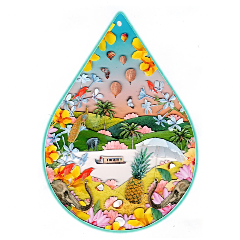 Colorful tropical landscape with elephants and hot air balloons.