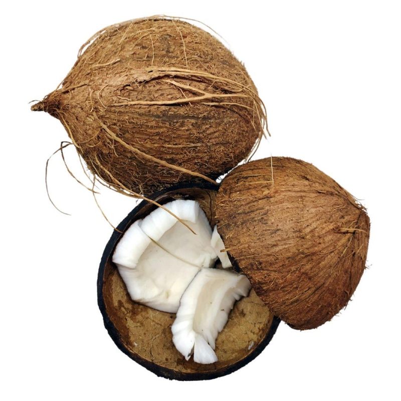 Whole and split coconut with white flesh visible.