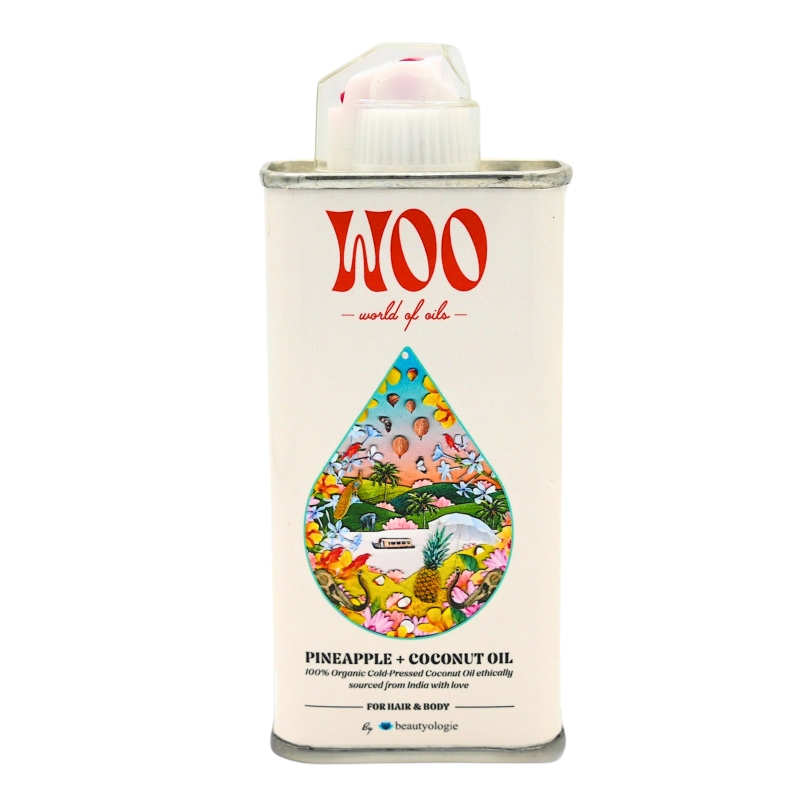 Woo pineapple coconut oil bottle for hair and body.