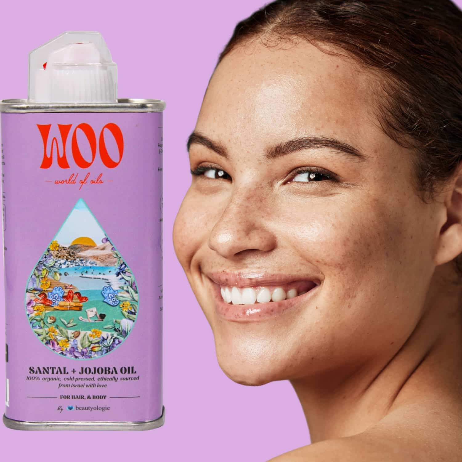 Smiling woman beside Santal and jojoba oil tin