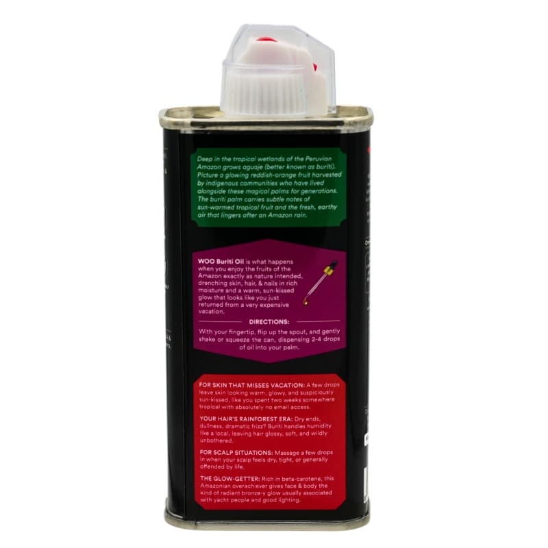 Back label of Woo Buriti Oil canister