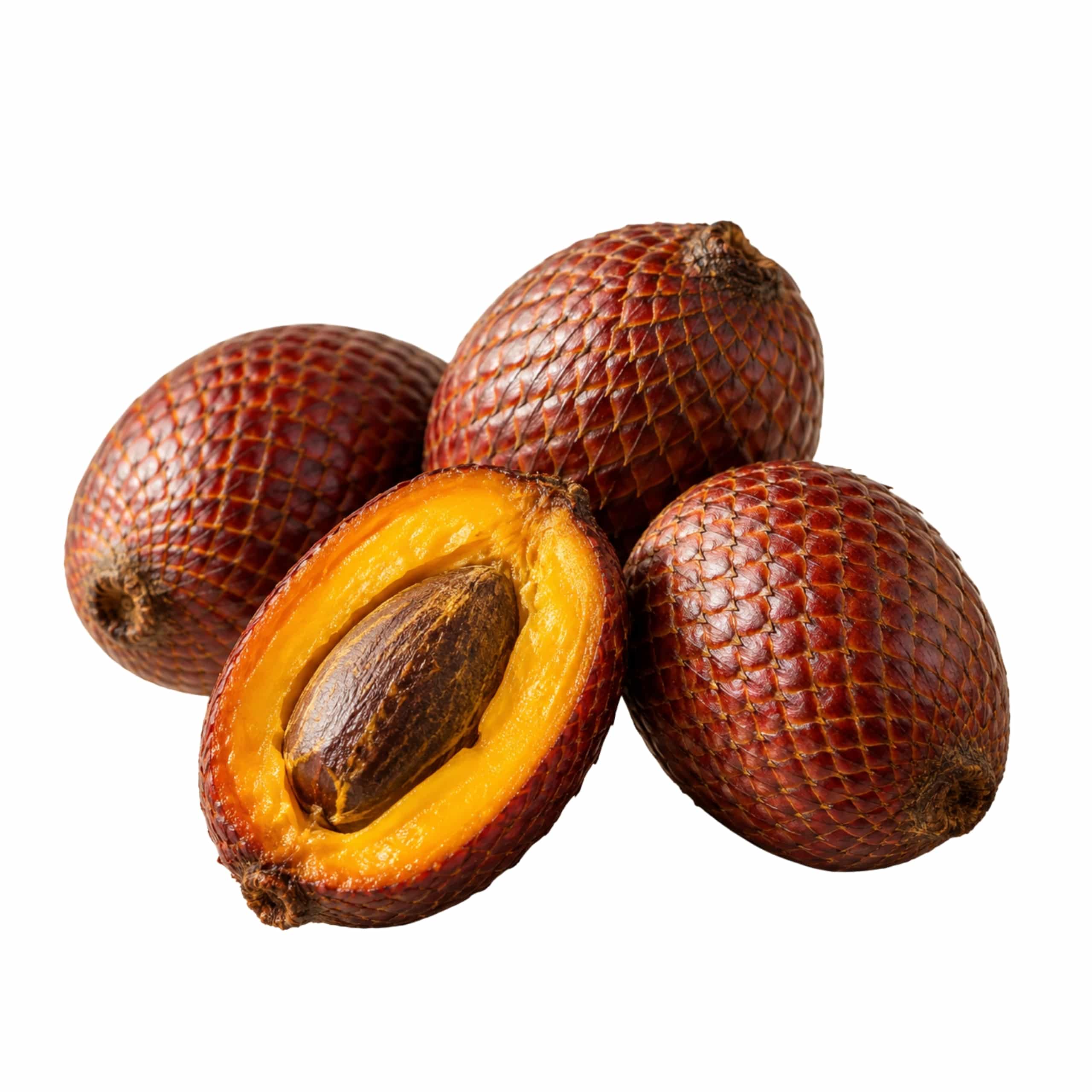 31 Salak fruits, one cut open to reveal seed