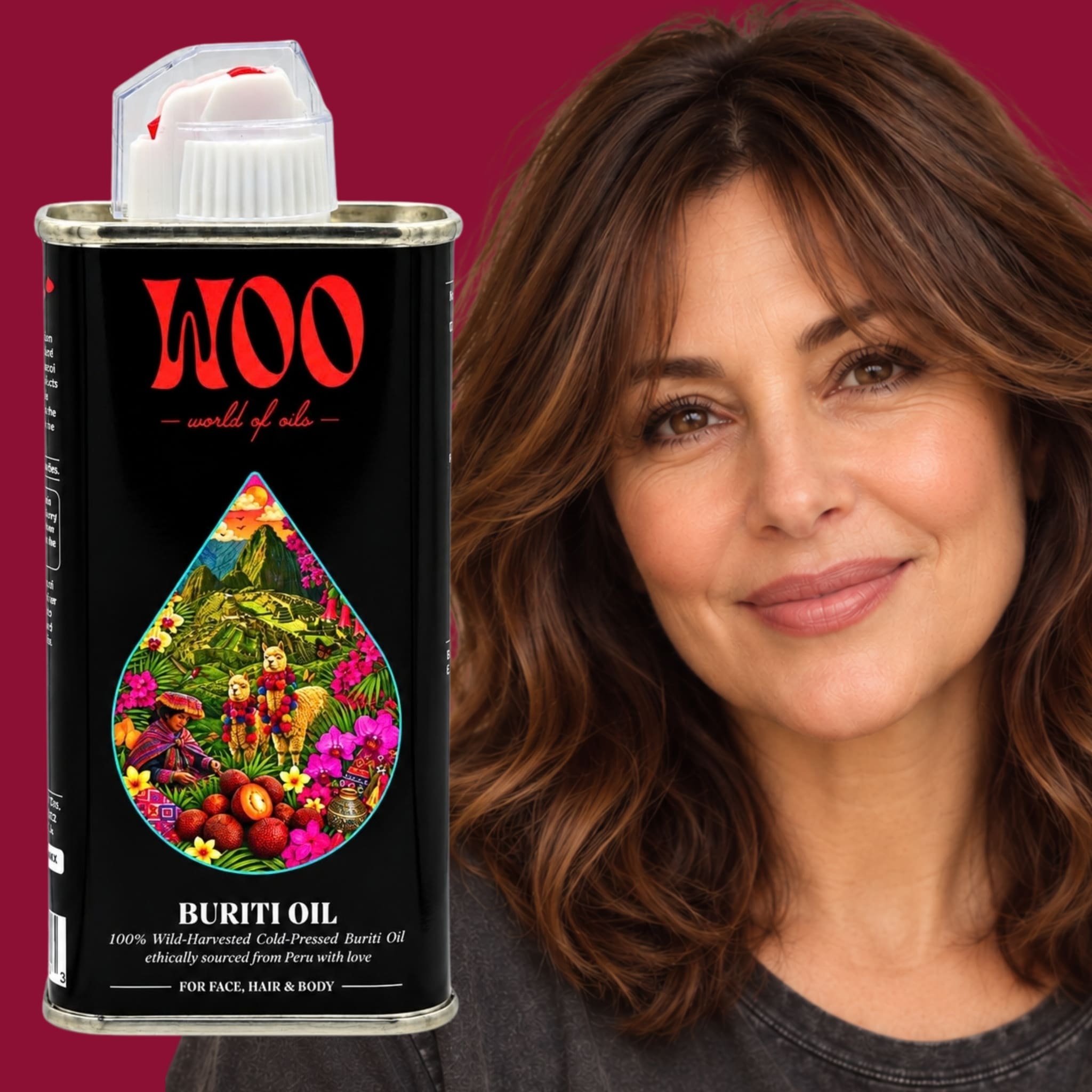 Too Buriti Oil can beside smiling woman