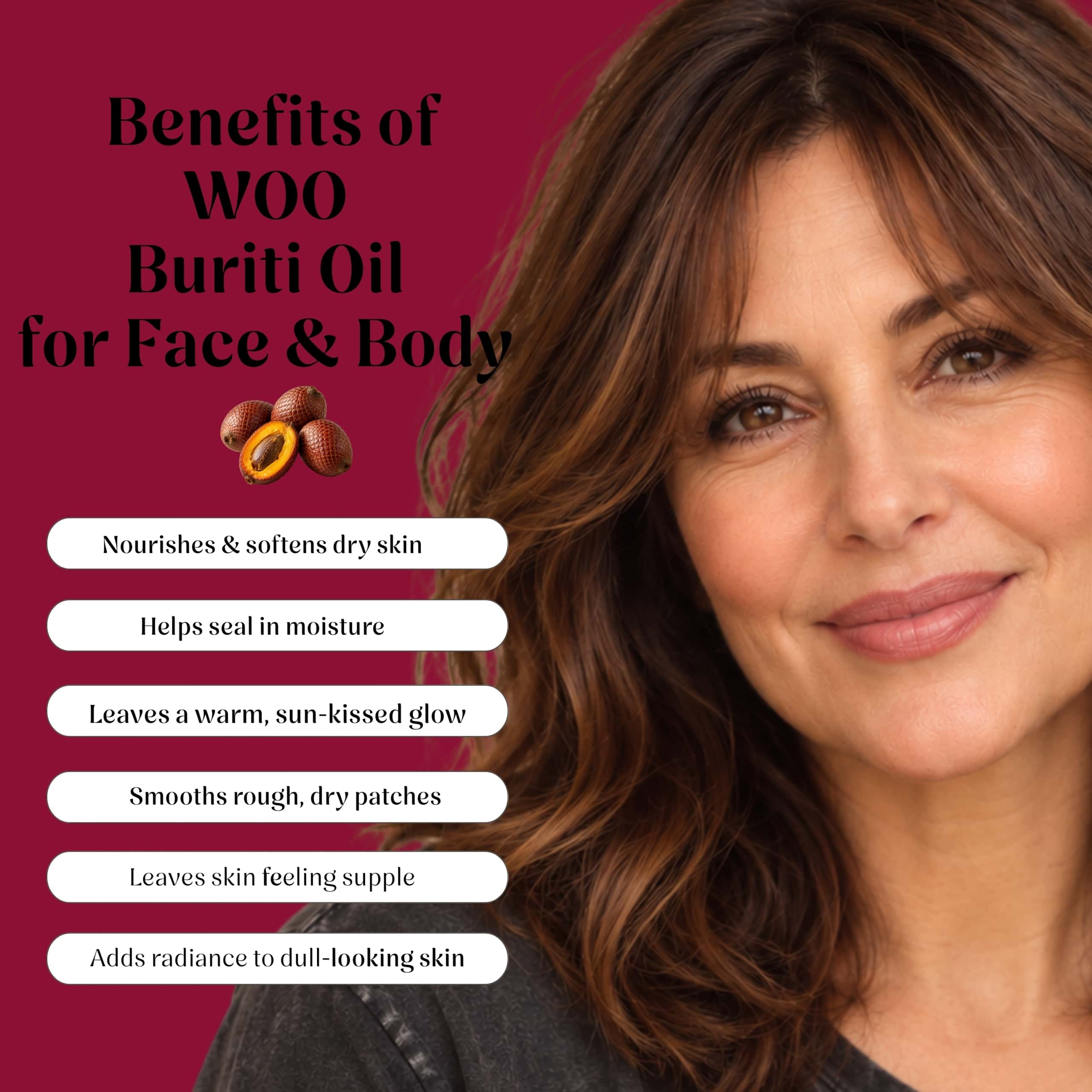 34 Buriti oil skincare benefits beside smiling woman's face