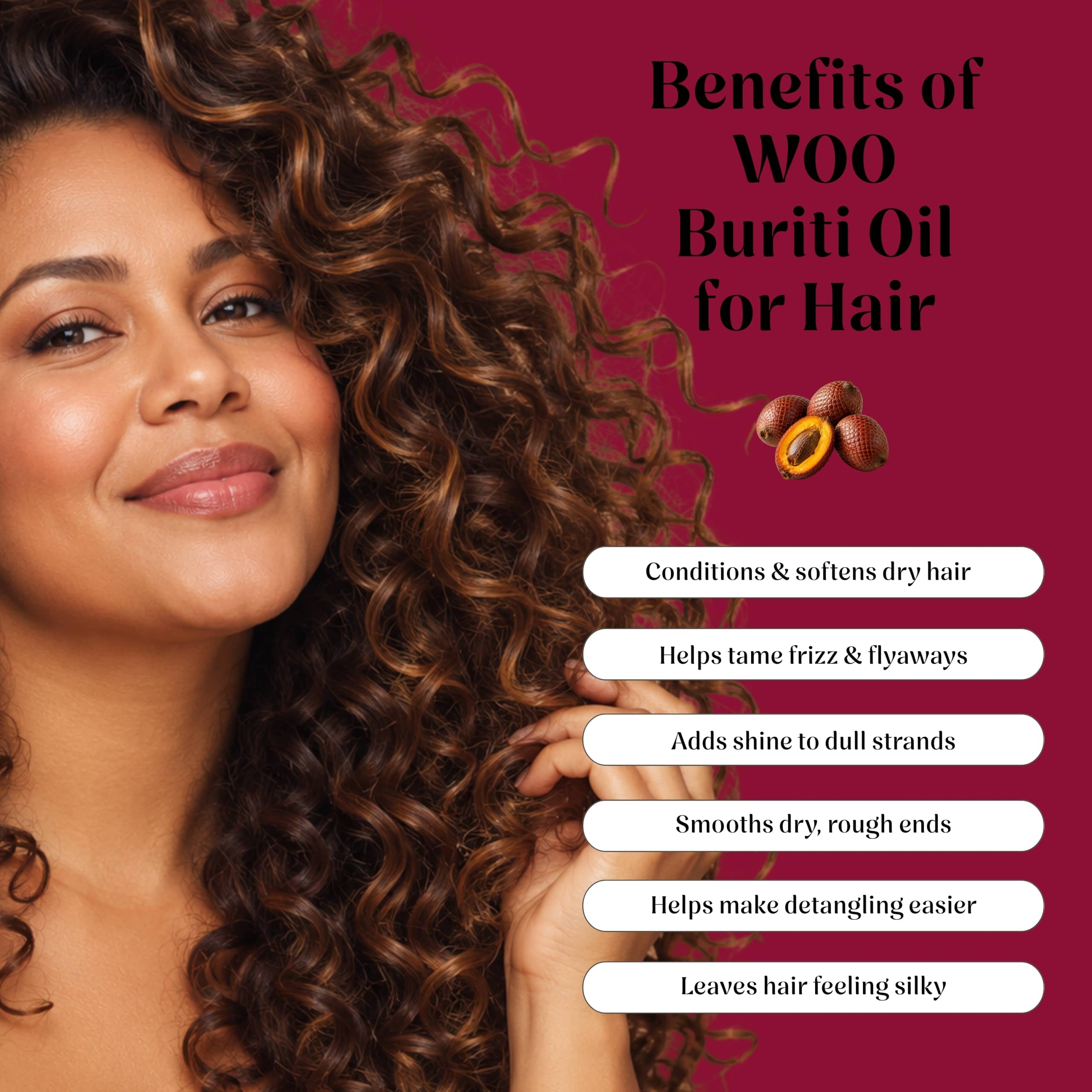 35 Woman with curls beside buriti oil hair benefits