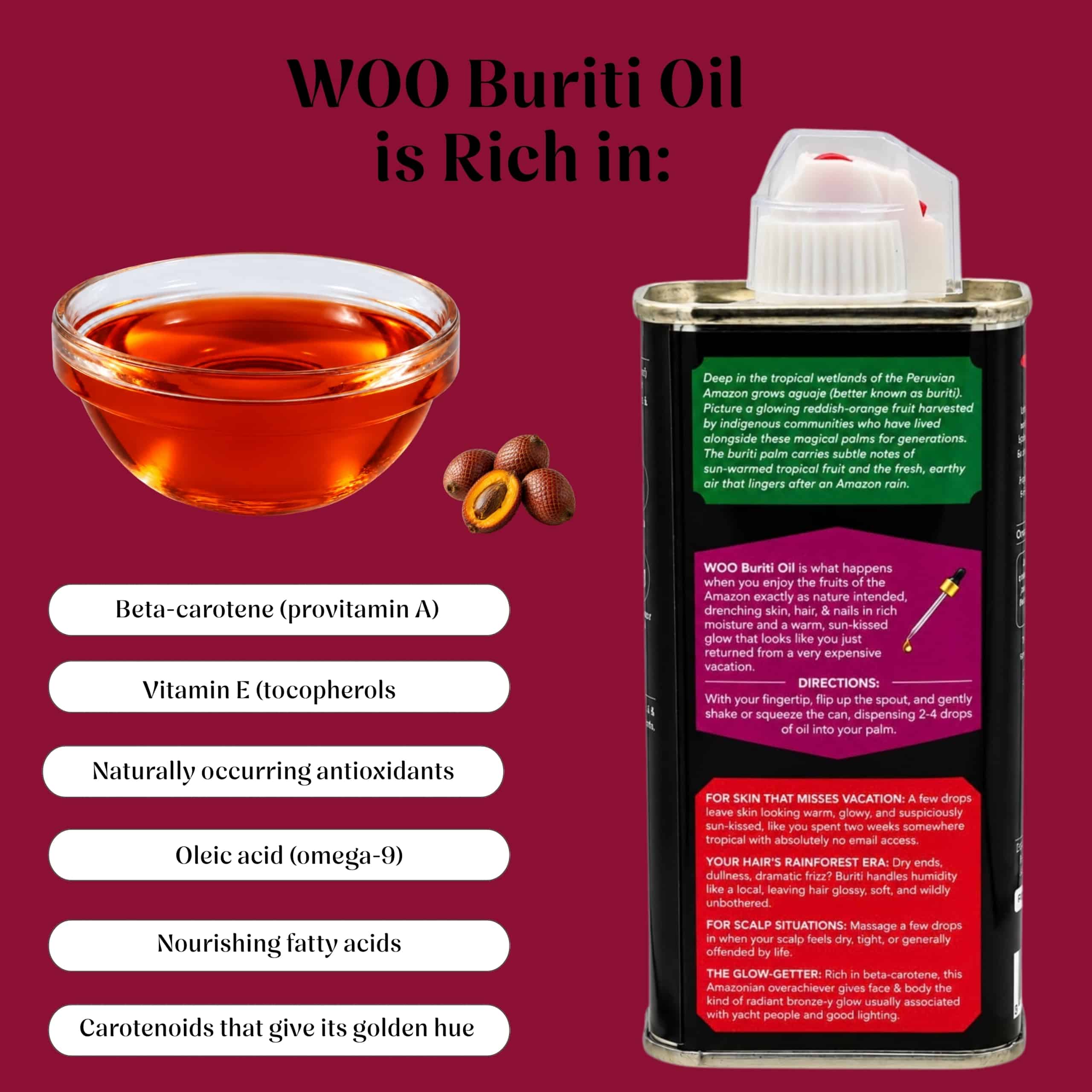 36 WOO Buriti Oil bottle with nutrient-rich oil illustration