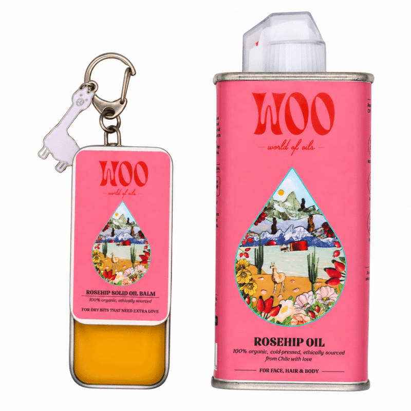 Woo rosehip oil tin and solid balm keychain