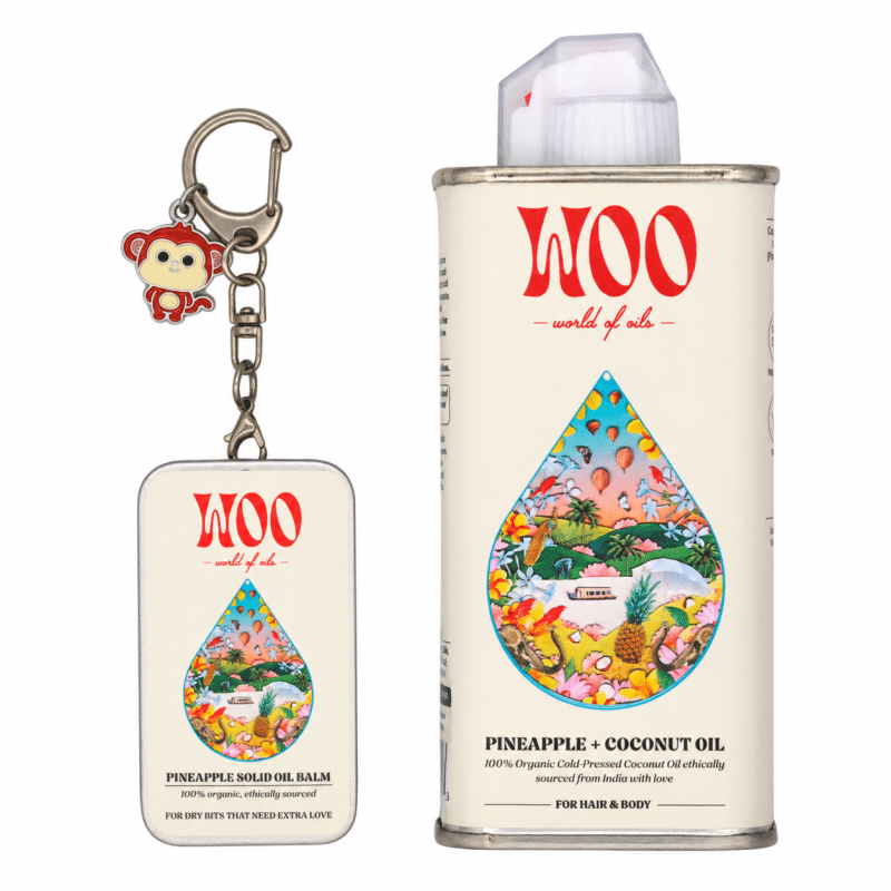 Woo pineapple coconut oil tin with balm keychain