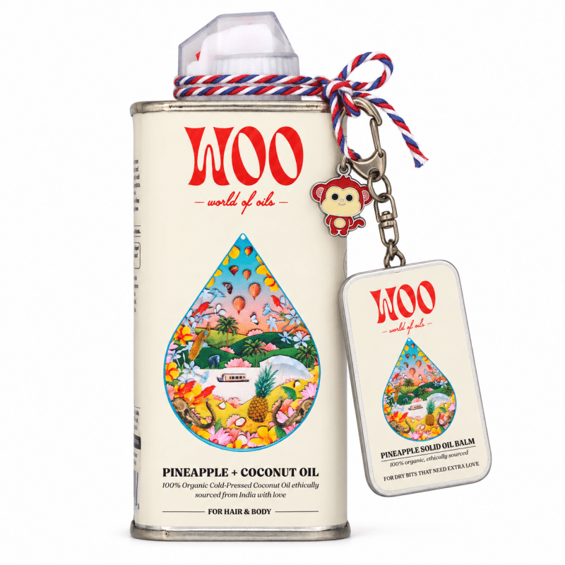 Woo pineapple coconut oil tin with balm keychain