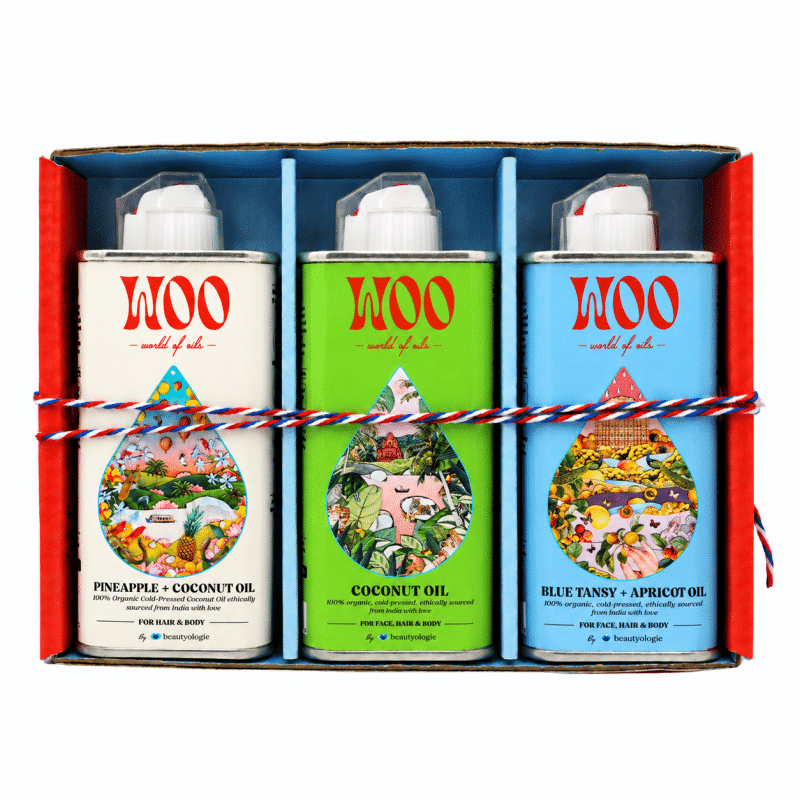 Gift box with three WOO organic oil spray cans