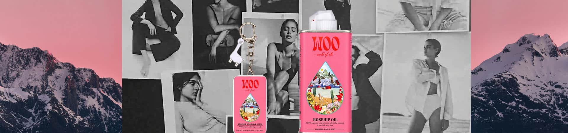 Rosehip oil bottle and balm against fashion collage